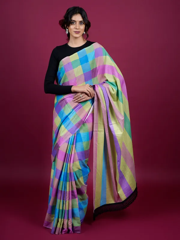 Purple_Checked_Woven_Design_Pure_Cotton_Saree_For_Women