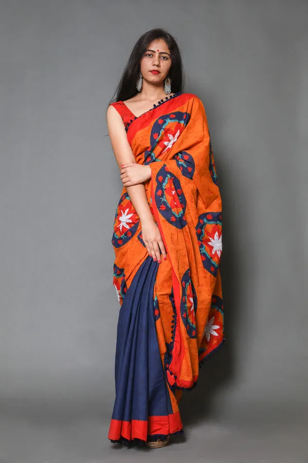 Orange_&_Blue_Floral_Pure_Cotton_Half_And_Half_Saree_For_Women