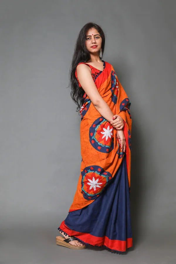 Orange_&_Blue_Floral_Pure_Cotton_Half_And_Half_Saree_For_Women