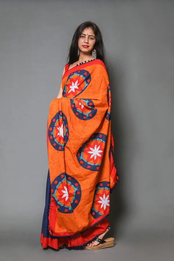 Orange_&_Blue_Floral_Pure_Cotton_Half_And_Half_Saree_For_Women
