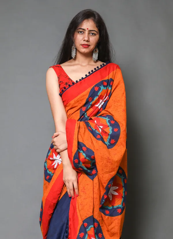 Orange_&_Blue_Floral_Pure_Cotton_Half_And_Half_Saree_For_Women
