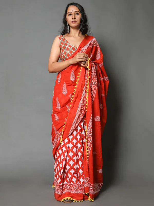 Orange_&_Grey_Ethnic_Motifs_Pure_Cotton_Saree_For_Women