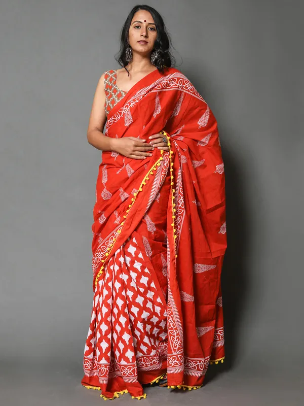 Orange_&_Grey_Ethnic_Motifs_Pure_Cotton_Saree_For_Women