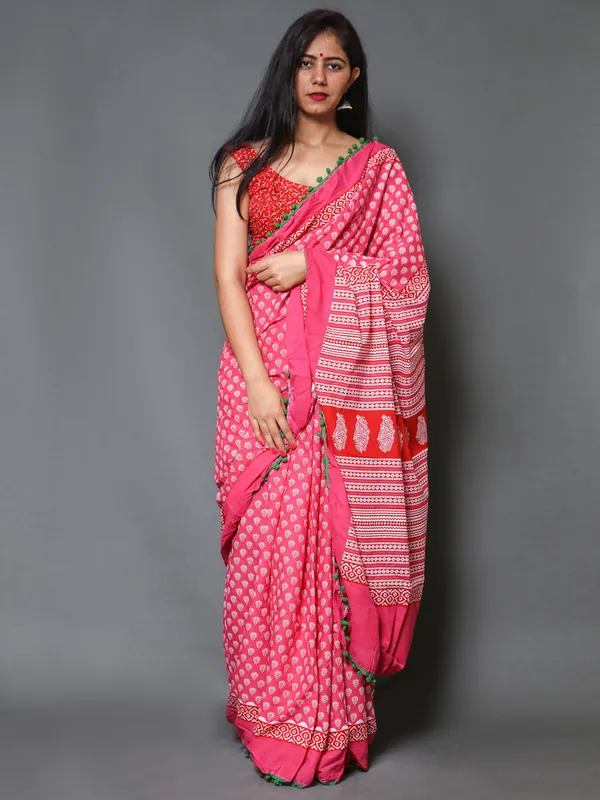 Pink_&_White_Ethnic_Motifs_Pure_Cotton_Saree_For_Women