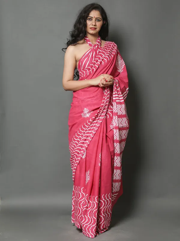 Pink_&_White_Printed_Pure_Cotton_Saree_For_Women