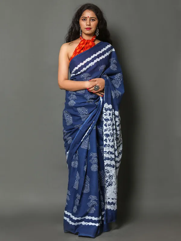 Navy_Blue_Navy_Blue_&_White_Ethnic_Motifs_Printed_Pure_Cotton_Saree_For_Women