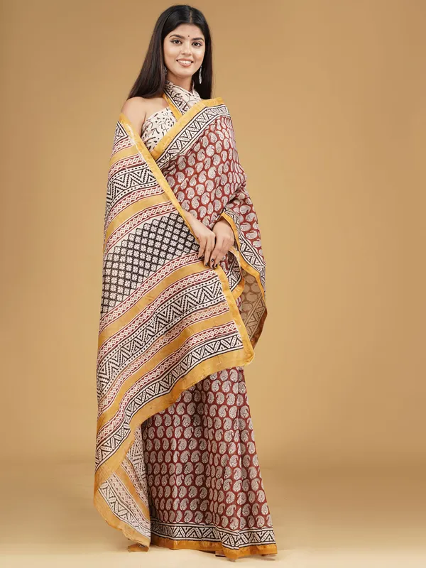 Maroon_&_Orange_Ethnic_Motifs_Zari_Pure_Cotton_Block_Print_Saree_For_Women