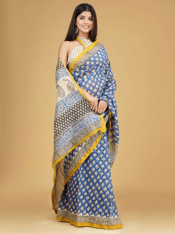 Blue_&_Yellow_Ethnic_Motifs_Pure_Cotton_Block_Print_Saree_For_Women