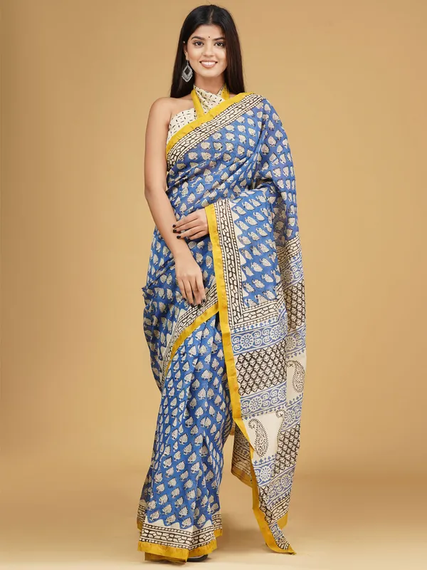 Blue_&_Yellow_Ethnic_Motifs_Pure_Cotton_Block_Print_Saree_For_Women