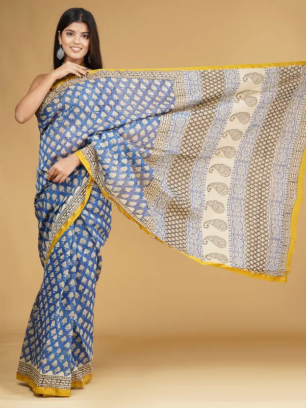 Blue_&_Yellow_Ethnic_Motifs_Pure_Cotton_Block_Print_Saree_For_Women