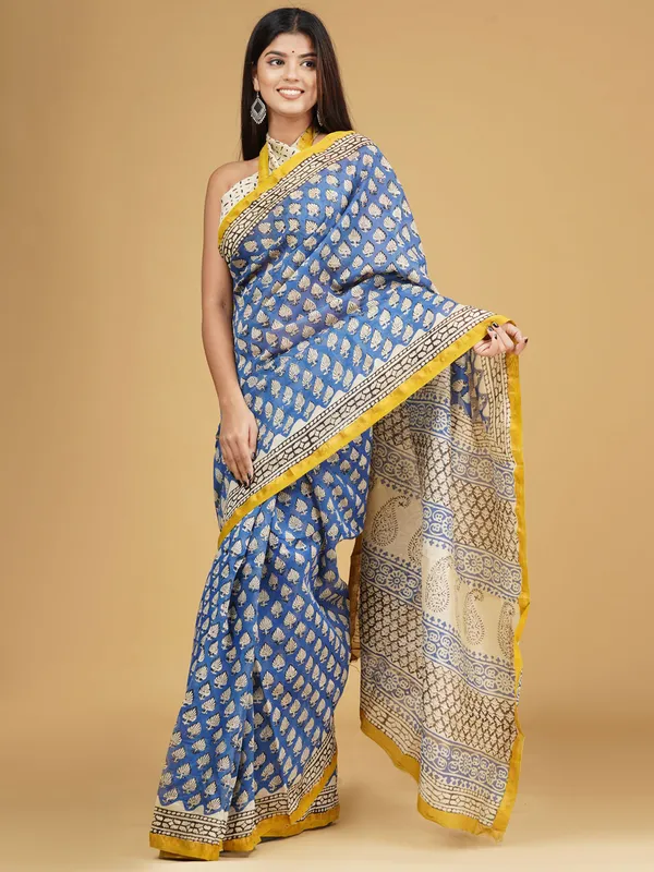 Blue_&_Yellow_Ethnic_Motifs_Pure_Cotton_Block_Print_Saree_For_Women