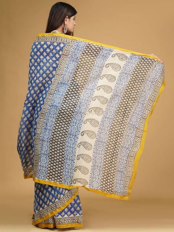Blue_&_Yellow_Ethnic_Motifs_Pure_Cotton_Block_Print_Saree_For_Women