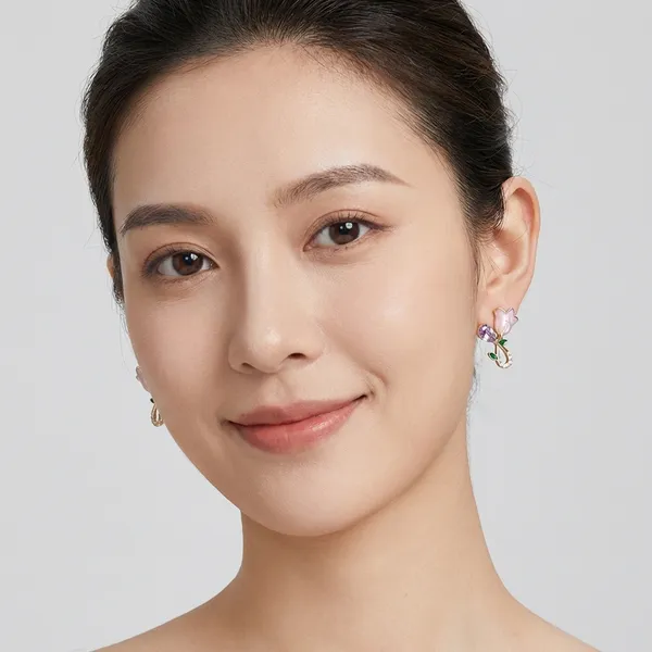 Pink_Tulip_Flower_Earrings_With_Purple_Crystal_And_Green_Enamel_Leaves