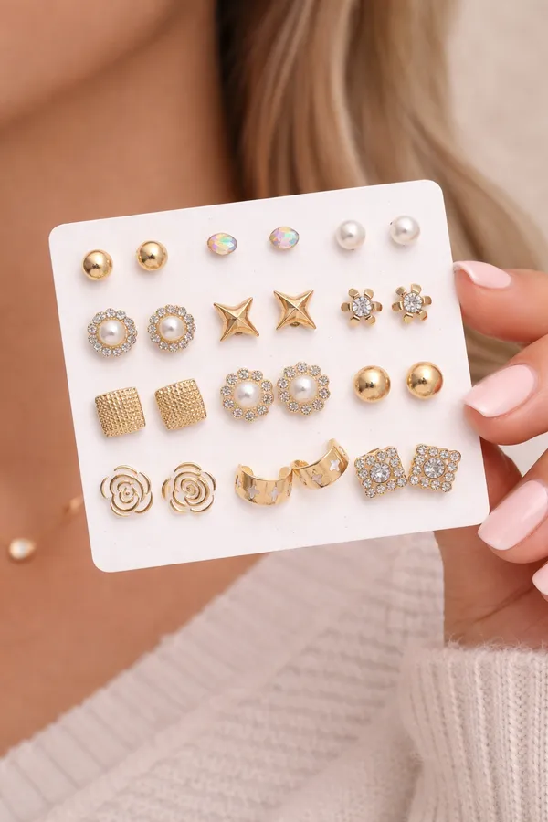 Multi-Pair_Earring_Set_-_Gold,_Pearl_And_Crystal_Studs_Collection