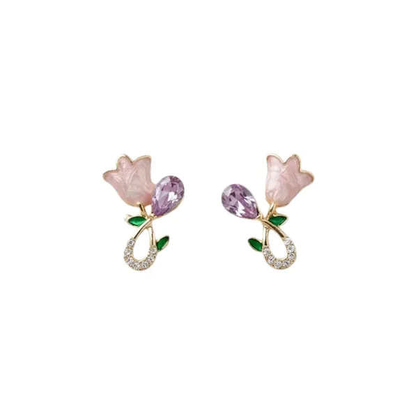 Pink_Tulip_Flower_Earrings_With_Purple_Crystal_And_Green_Enamel_Leaves
