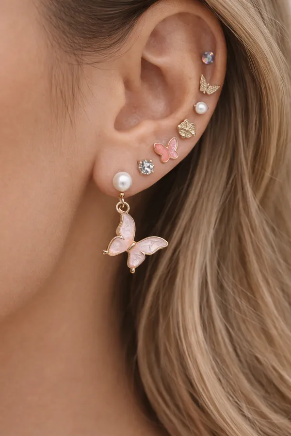 Elegant_Pearl_And_Butterfly_Earring_Set_-_Pink_And_Gold