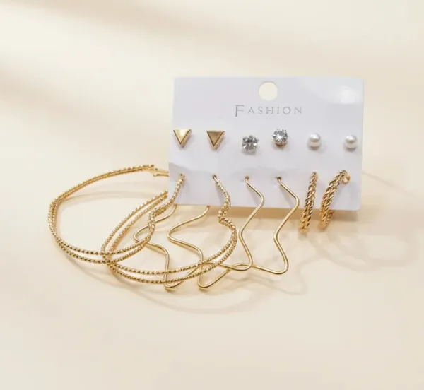 Gold-Toned_Multi-Piece_Earring_Set_-_6_Pairs_Of_Studs_And_Hoops
