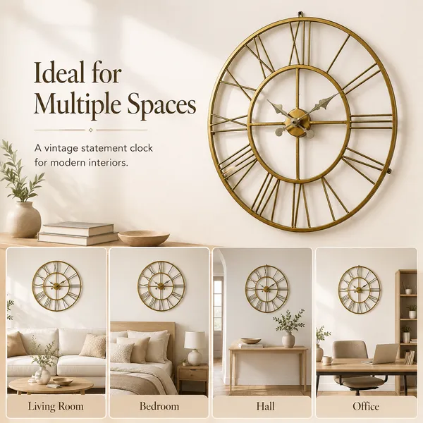 Antique_Gold_Metal_Roman_Numeral_Wall_Clock_for_Living_Room,_Large_Vintage_Round_Decorative_Wall_Clock,_Silent_Non-Ticking_Designer_Clock_for_Home,_Bedroom,_Hall_&_Office_Décor