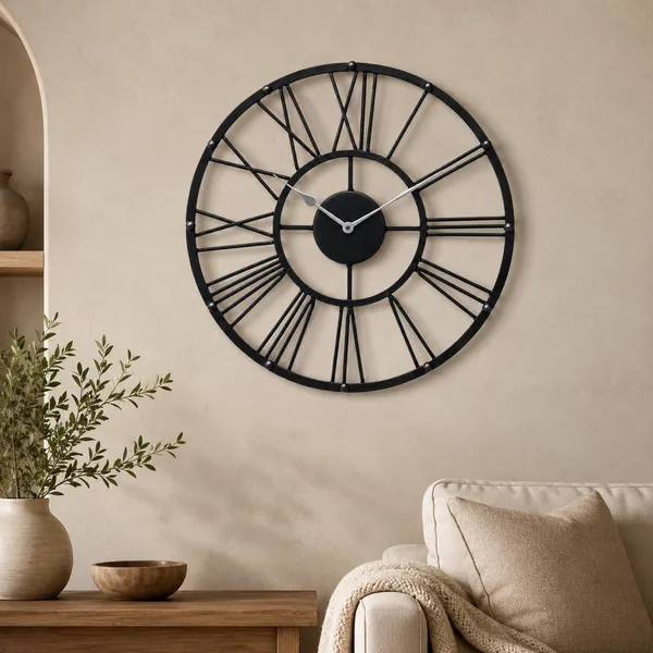 Black_Metal_Roman_Numeral_Wall_Clock_for_Living_Room,_Vintage_Round_Decorative_Wall_Clock,_Silent_Non-Ticking_Designer_Clock_for_Home,_Bedroom,_Hall_&_Office_Décor