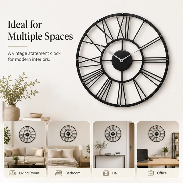 Black_Metal_Roman_Numeral_Wall_Clock_for_Living_Room,_Vintage_Round_Decorative_Wall_Clock,_Silent_Non-Ticking_Designer_Clock_for_Home,_Bedroom,_Hall_&_Office_Décor