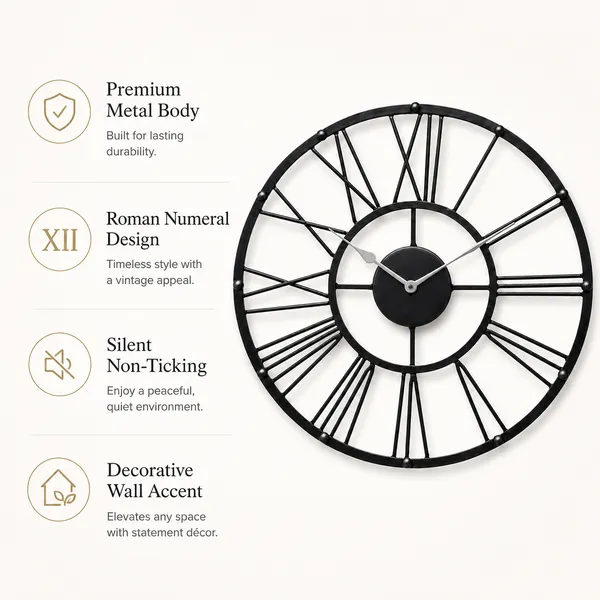 Black_Metal_Roman_Numeral_Wall_Clock_for_Living_Room,_Vintage_Round_Decorative_Wall_Clock,_Silent_Non-Ticking_Designer_Clock_for_Home,_Bedroom,_Hall_&_Office_Décor