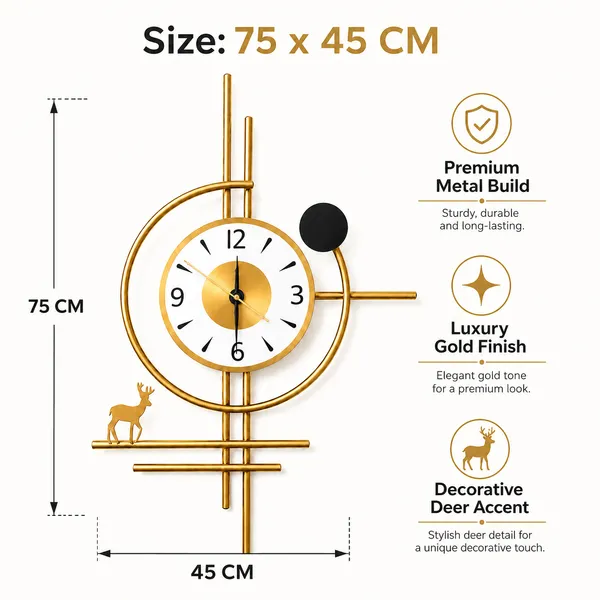Golden_Horizon_Deer_Metal_Wall_Clock_|_Luxury_Geometric_Wall_Decor_Clock_with_Deer_Accent_|_Premium_Gold_Finish_Analog_Clock_for_Living_Room,_Dining_Area,_Office_&_Hallway_|_75_x_45_cm