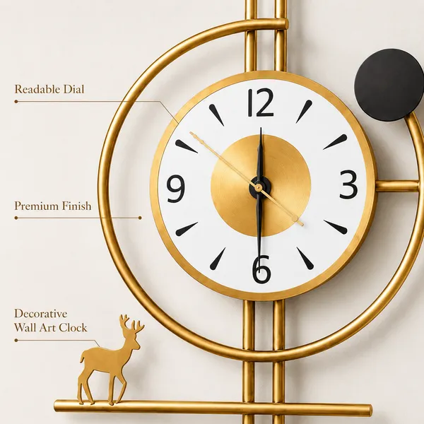 Golden_Horizon_Deer_Metal_Wall_Clock_|_Luxury_Geometric_Wall_Decor_Clock_with_Deer_Accent_|_Premium_Gold_Finish_Analog_Clock_for_Living_Room,_Dining_Area,_Office_&_Hallway_|_75_x_45_cm