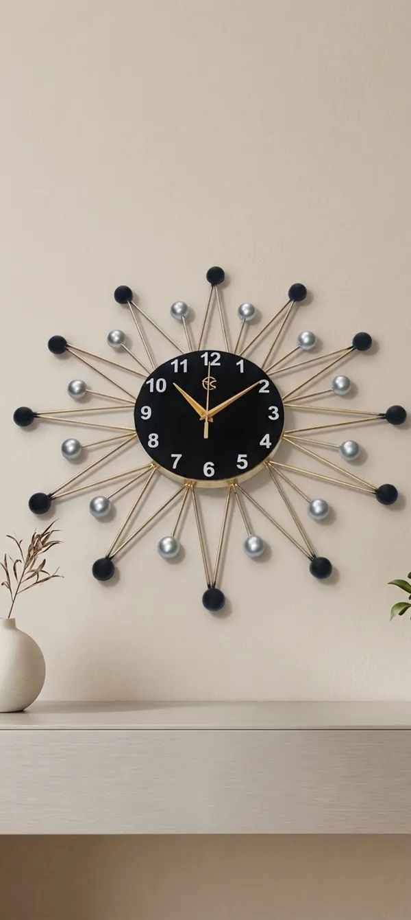 Black_And_Gold_Modern_Sunburst_Wall_Clock_Withface_Andhands