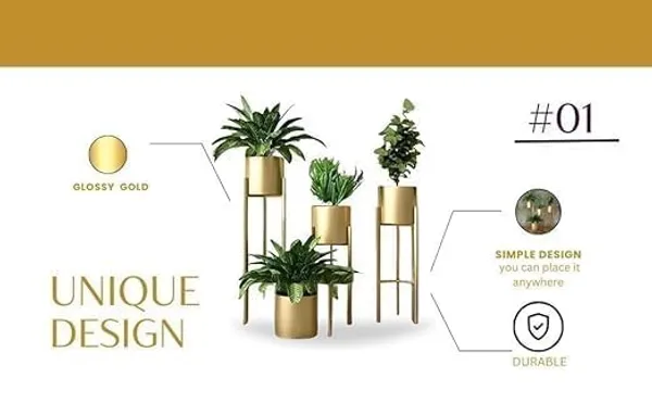 Gold_Tone_Metal_Plant_Stands_With_Cylindrical_Planters