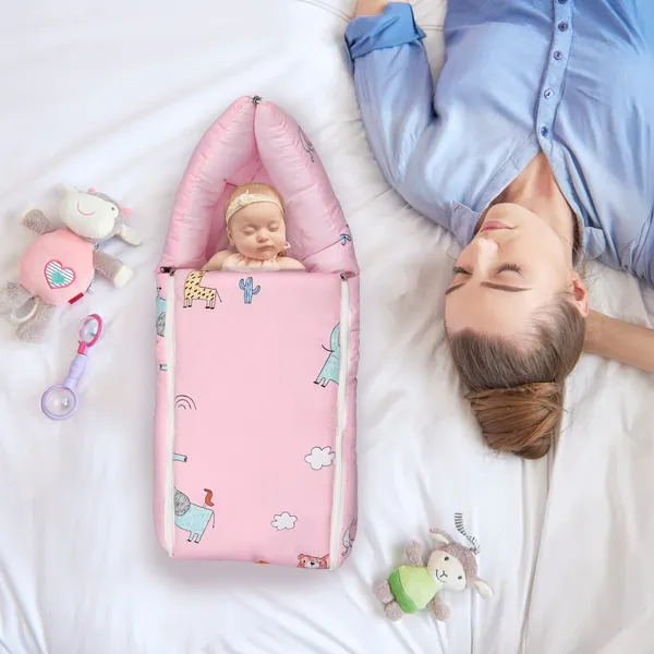 R_For_Rabbit_Snuggy_Baby_Sleeping_Bag_Carry_Nest_100_Cotton_Holding_Bedding_Set_For_New_Born_Babies_Portable_Travel_Friendly_3_In_1_Convertible_Set_Of_Infants_Upto_12_Month_75x48_Cm_Blush_Pink