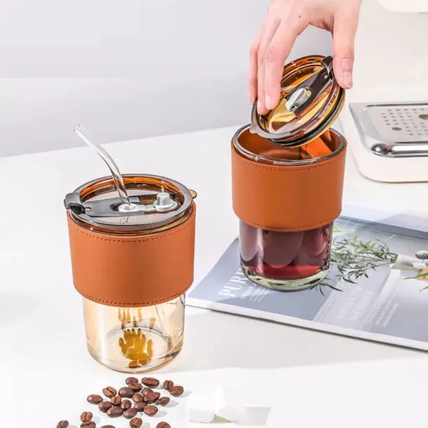 Karomouj_Kma384_Trendy_Leather_Sleeve_Glass_Cup_With_2_In_1_Lid_And_Straw_Best_For_Hot_Cold_Beverages_Tea_Coffee_Fruits_Juice_Ideal_Travel_Mug_Pack_Of_1_Multicolor