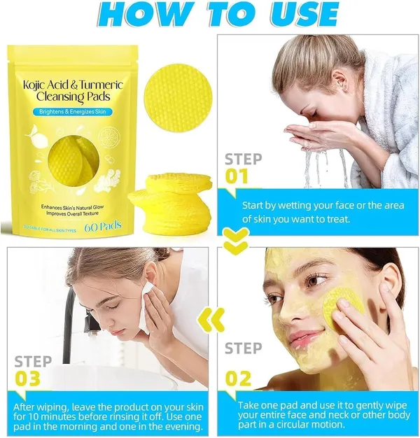 Kojic_Acid_And_Turmeric_Cleansing_Pads_For_Dark_Spots_Skin_Brightening_Acne_Prevention_With_Vitamin_B5_Vitamin_C_Turmeric_Infused_Foaming_Exfoliating_Pads_For_Face_For_All_Skin_Types_60_Pcs