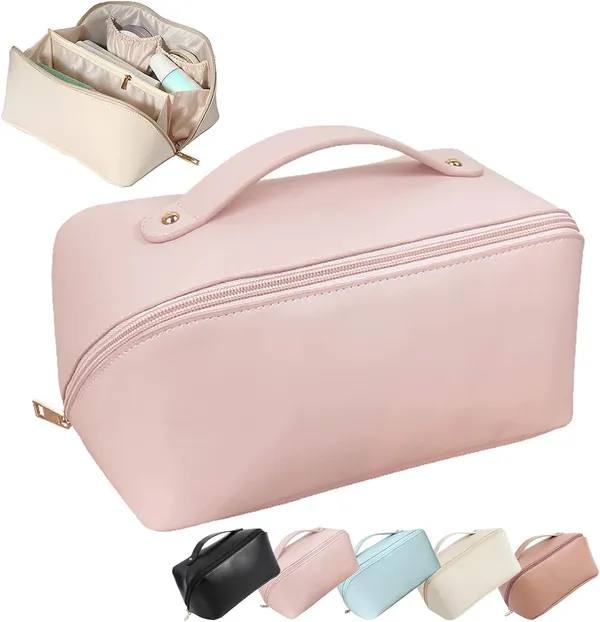 Women_S_Capacity_Cosmetic_Travel_Bag_Waterproof_Leather_Makeup_Organizer_With_Wide_Opening_Dividers_Handle_Pack_Of_1_Multicolor