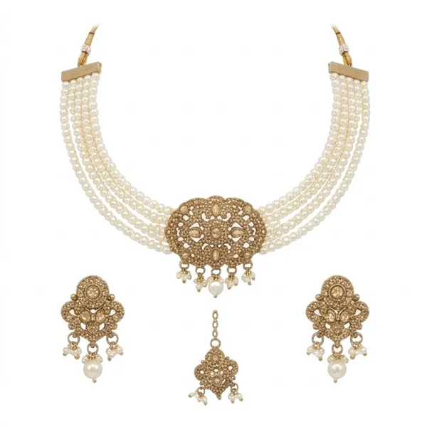 Traditional_Antique_Gold_Pearl_Choker_Necklace_Set_With_Earrings_And_Maang_Tikka