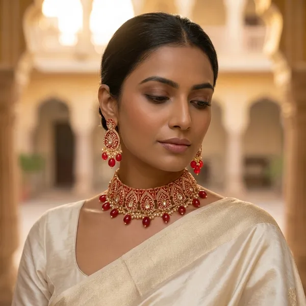 Traditional_Gold_Plated_Kundan_Necklace_And_Earring_Set_With_Red_Stone_Drops