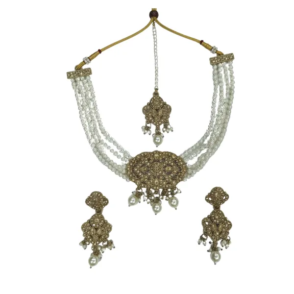 Traditional_Antique_Gold_Pearl_Choker_Necklace_Set_With_Earrings_And_Maang_Tikka
