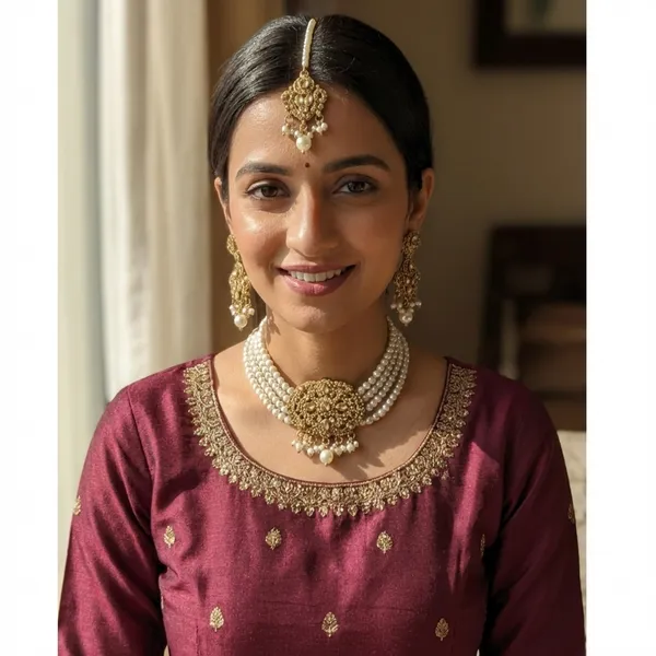 Traditional_Antique_Gold_Pearl_Choker_Necklace_Set_With_Earrings_And_Maang_Tikka