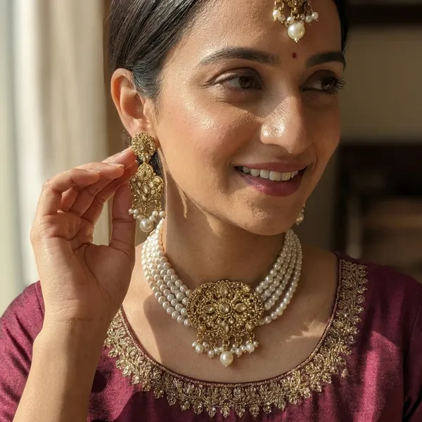 Traditional_Antique_Gold_Pearl_Choker_Necklace_Set_With_Earrings_And_Maang_Tikka