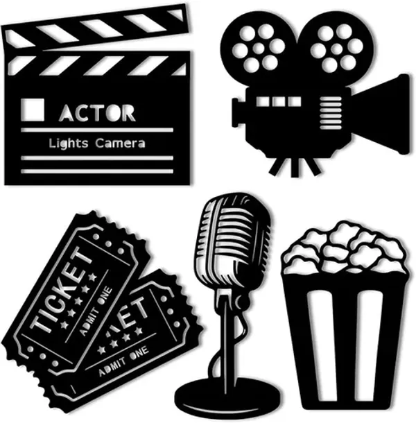 Hollywood_Cinema_Theme_Metal_Wall_Decor_Set_-_Movie_Reel,_Clapperboard,_Microphone,_Popcorn_&_Tickets_(6_Pieces)