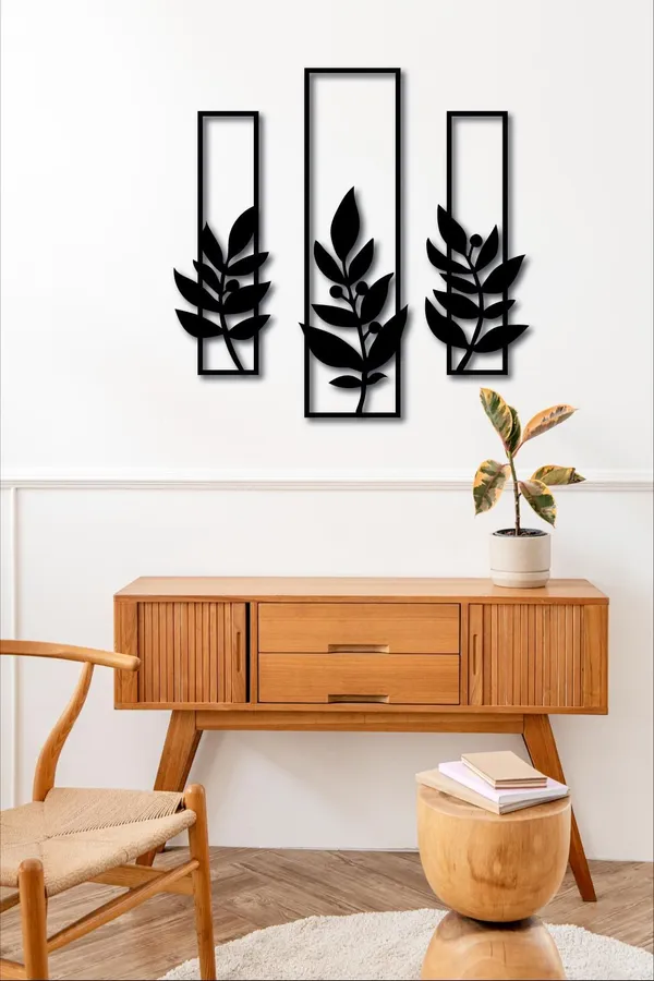 Set_Of_3_Black_Metal_Leaf_Wall_Art_Panels_With_Rectangular_Frames