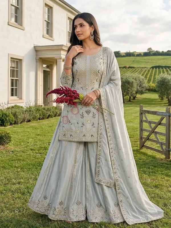 Grey_Embellished_Straight_Kurta_Sharara_with_Dupatta_Set