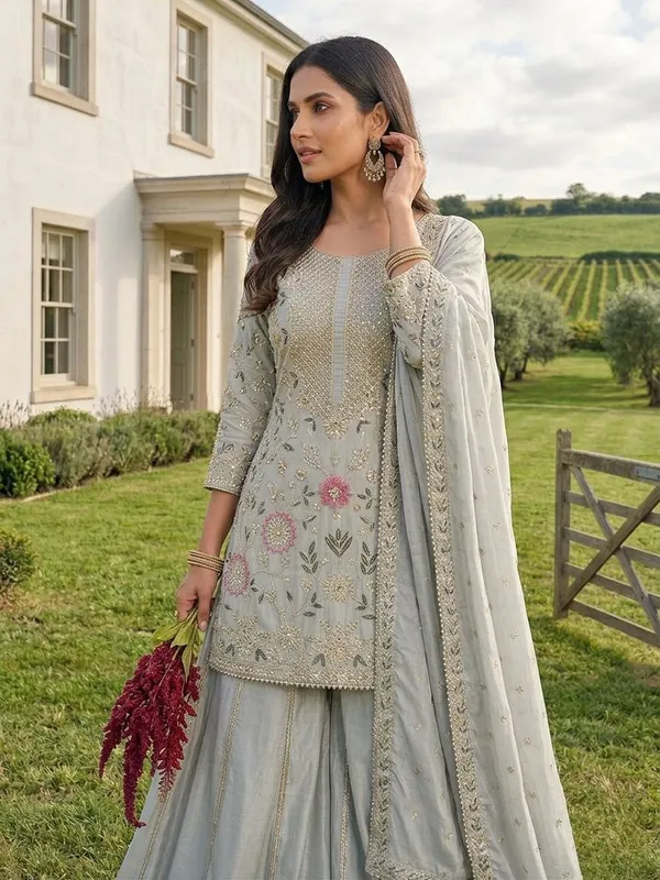 Grey_Embellished_Straight_Kurta_Sharara_with_Dupatta_Set