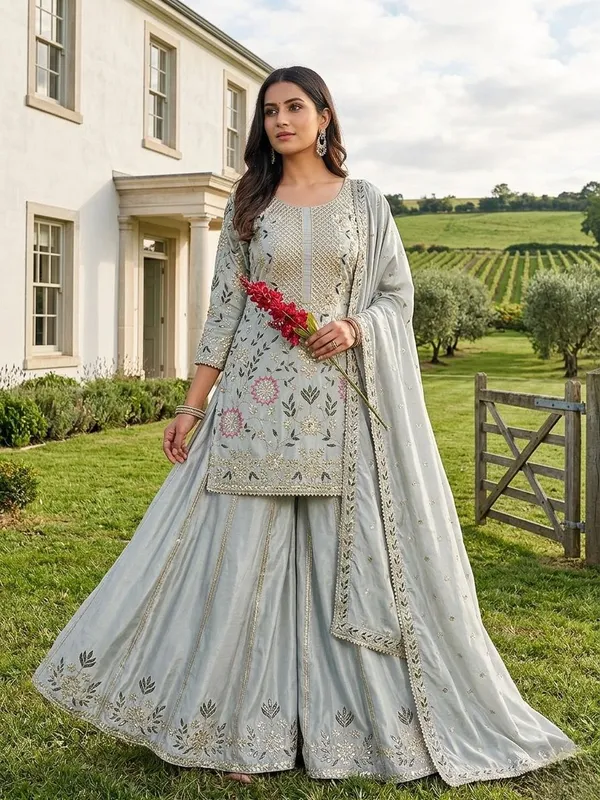 Grey_Embellished_Straight_Kurta_Sharara_with_Dupatta_Set