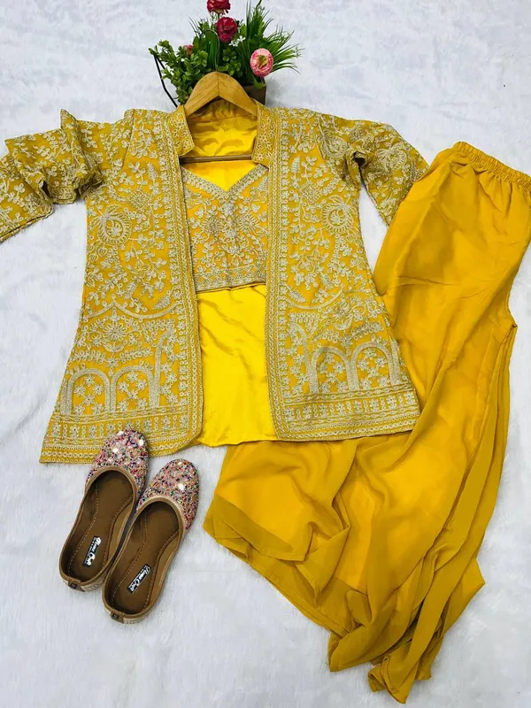 3__Pieces_mustard_yellow_Ready_Made_Plazzo_&_blouse_Set_With_Shrug