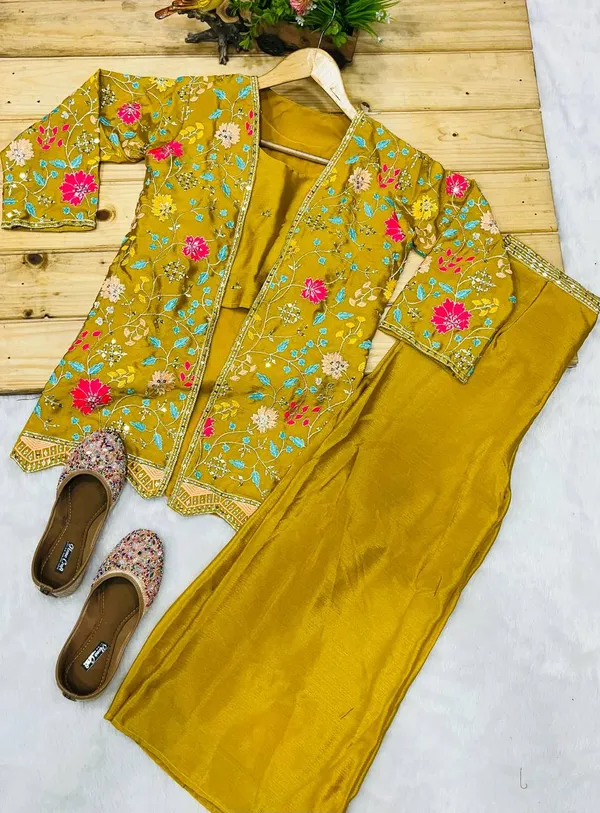 3__Pieces_mustard_yellow_Ready_Made_Plazzo_&_blouse_Set_With_Shrug