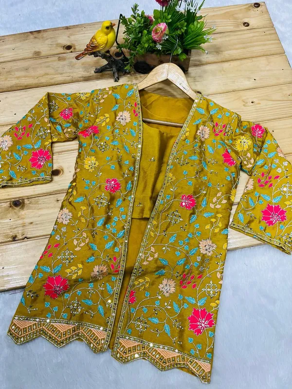 3__Pieces_mustard_yellow_Ready_Made_Plazzo_&_blouse_Set_With_Shrug