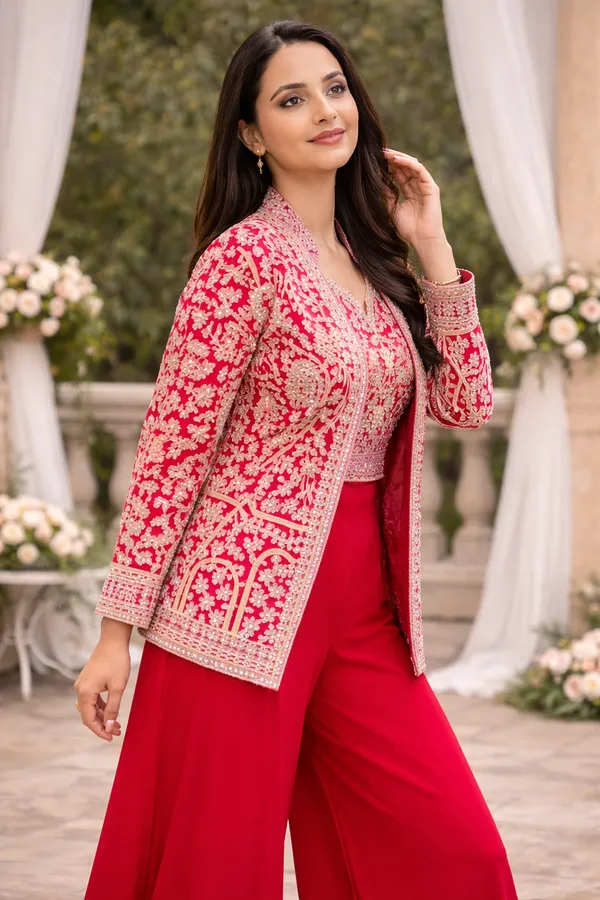 3_Pieces__RANI_PINK_Ready_Made_Plazzo_&_blouse_Set_With_Shrug