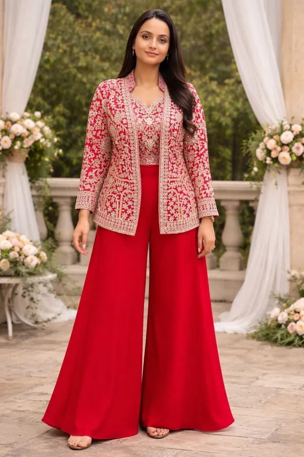 3_Pieces__RANI_PINK_Ready_Made_Plazzo_&_blouse_Set_With_Shrug