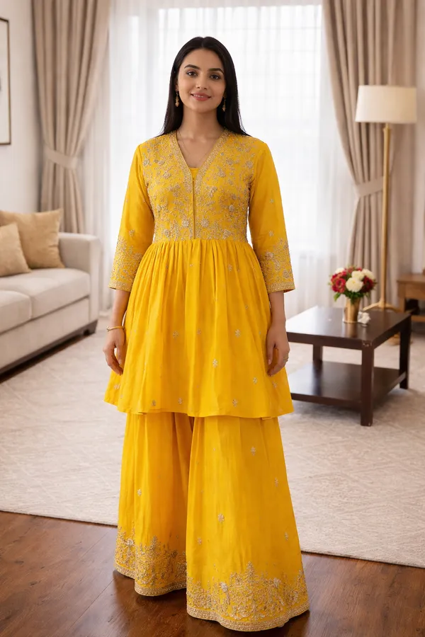 3_PIECES_VIBRANT_YELLOW__DESIGNER_READY_MADE_PAZZO_SET_WITH_DUPATTA