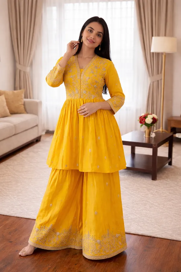 3_PIECES_VIBRANT_YELLOW__DESIGNER_READY_MADE_PAZZO_SET_WITH_DUPATTA